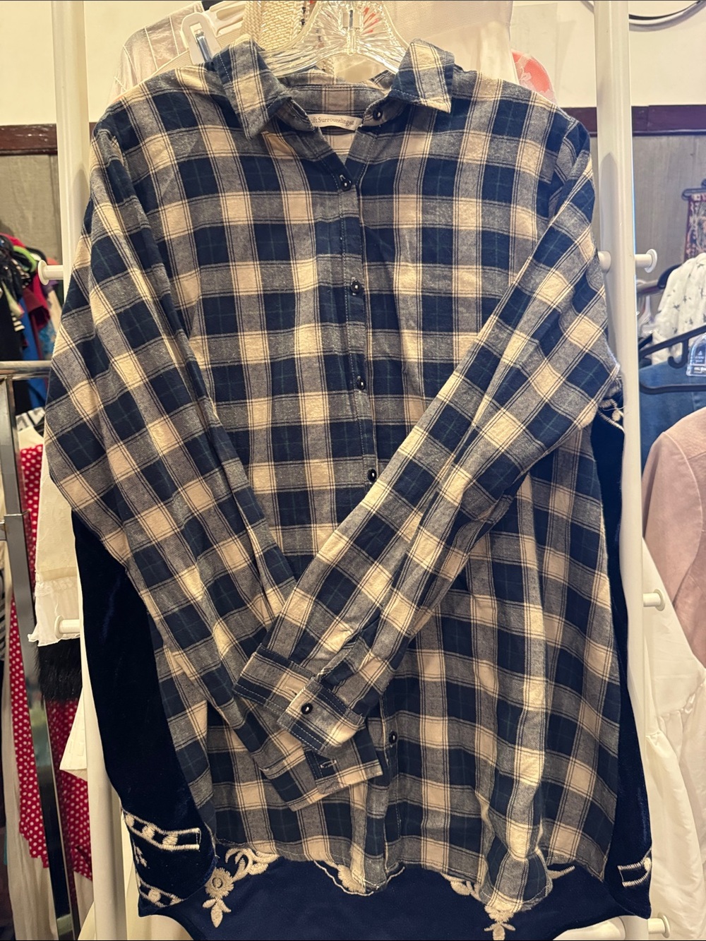 Soft Surroundings Navy & Cream White Plaid Velvet Embroidered Button-Down Shirt